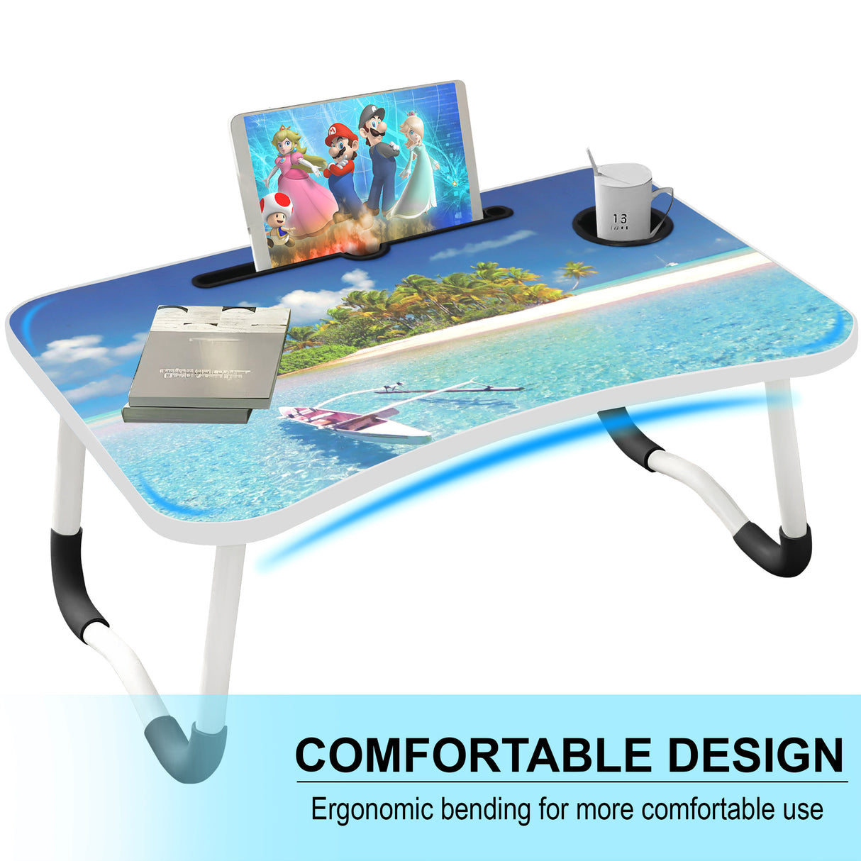 Portable laptop table with a comfortable design and ergonomic bending for enhanced comfort.