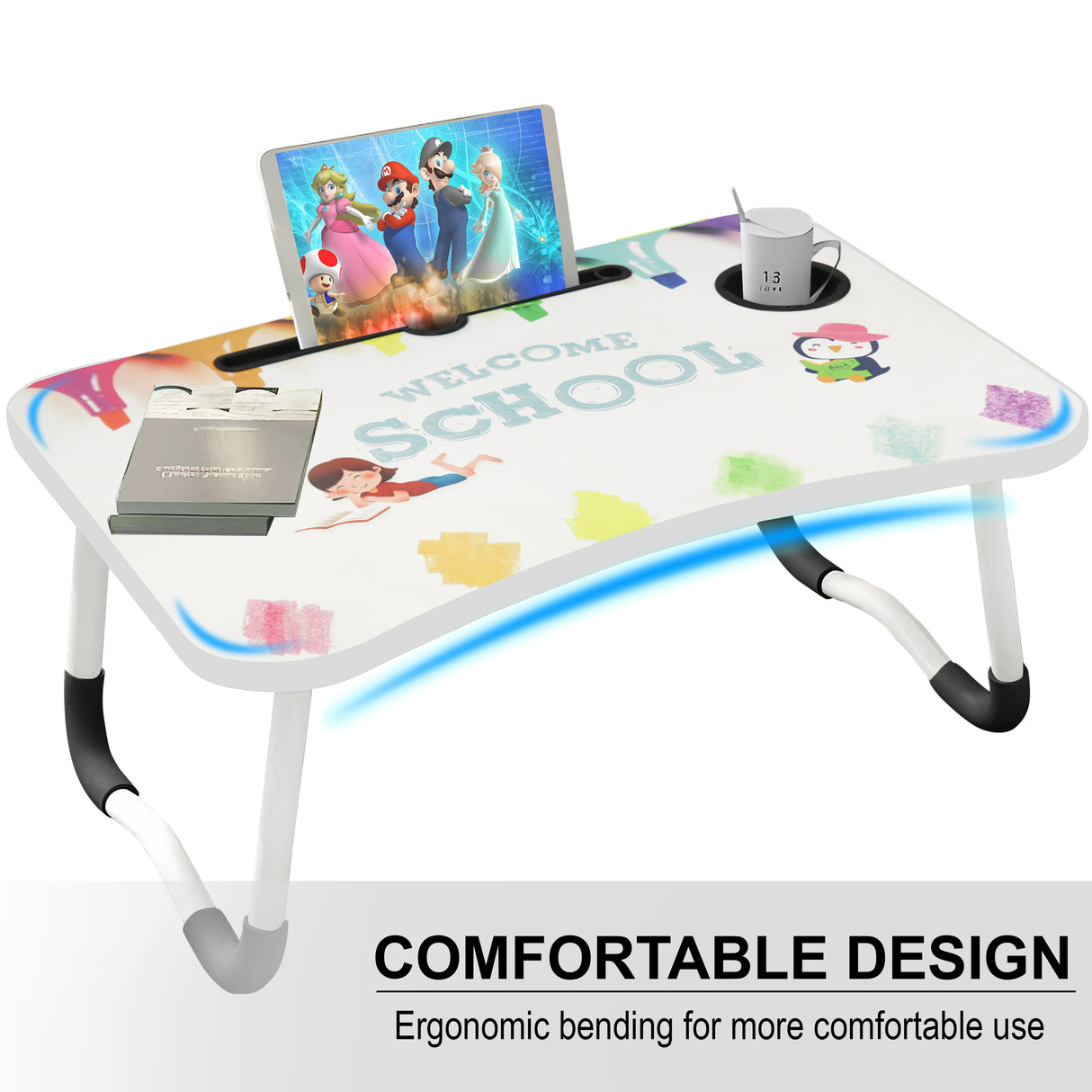 Laptop table bed desk with a comfortable design and ergonomic bending for enhanced comfort.