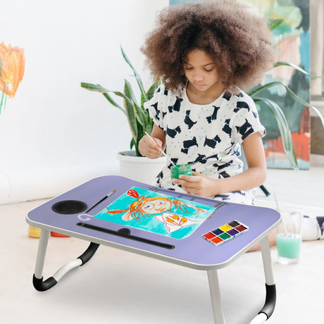 Purple laptop table for bed, providing comfort and convenience for work or study.