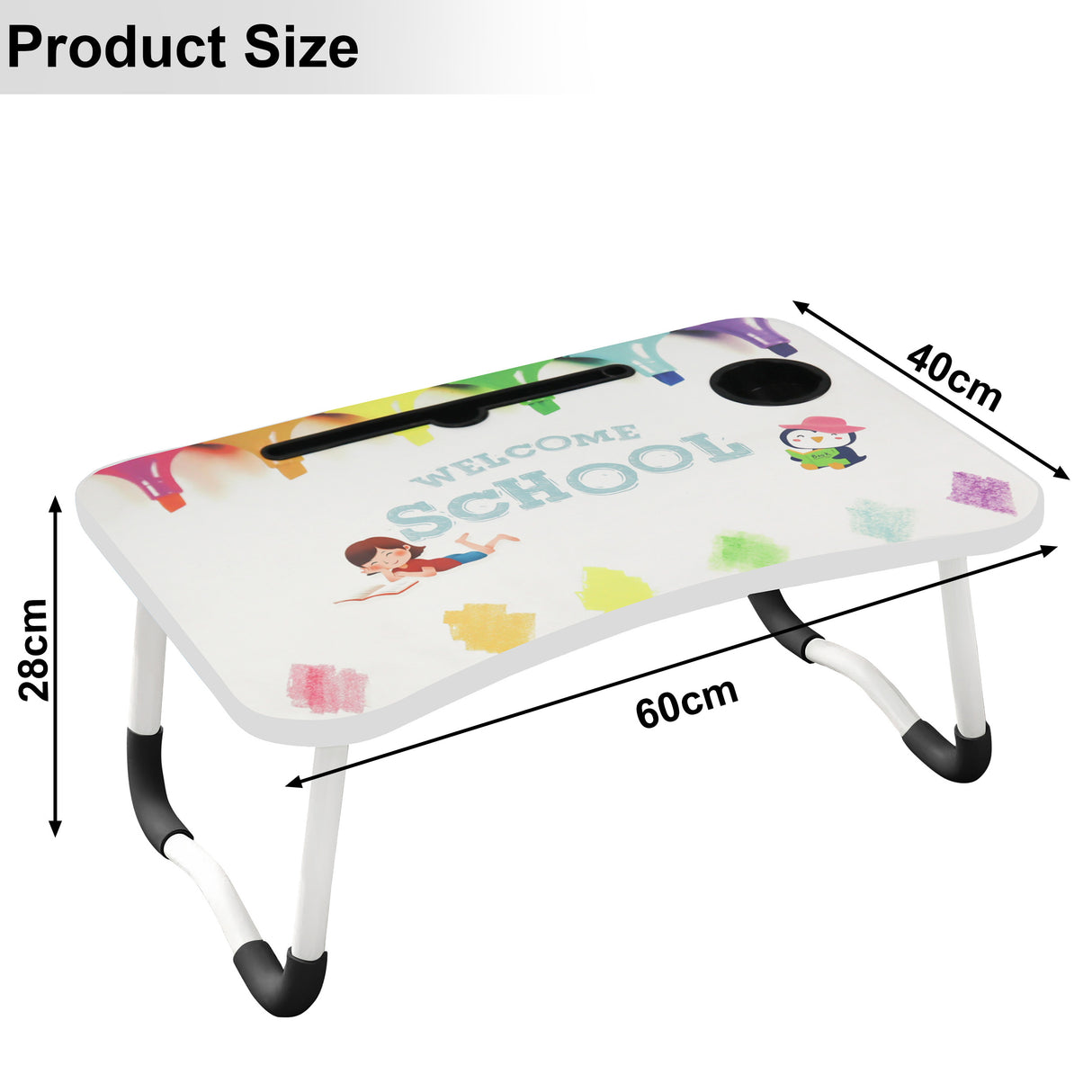 Laptop table folding desk with compact dimensions, offering easy storage and portability.