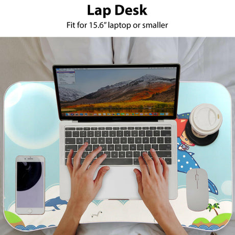 Hands typing on a laptop placed on a laptop table folding with a cup holder, phone slot.