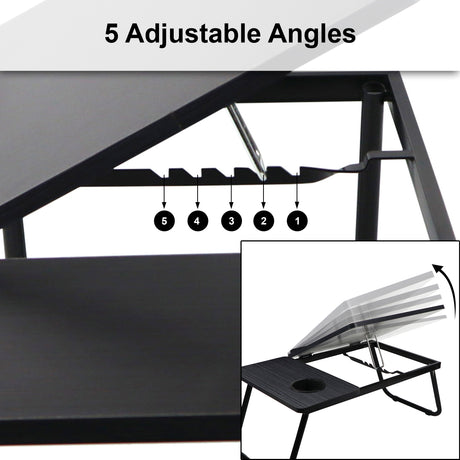 Laptop table height adjustable with 5 adjustable angles, ergonomic, portable, and sturdy.