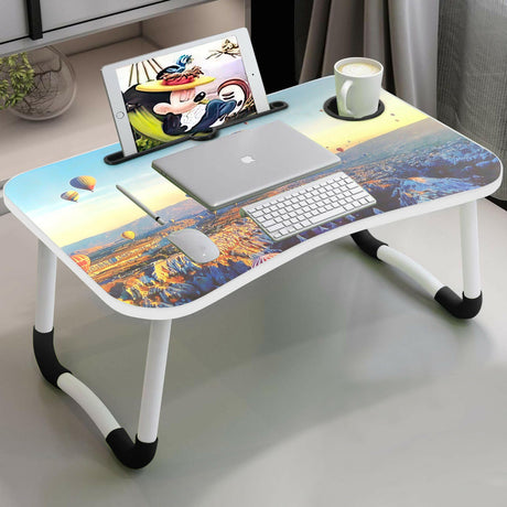  Laptop table uk with a scenic hot air balloon-themed design, featuring a built-in tablet slot.