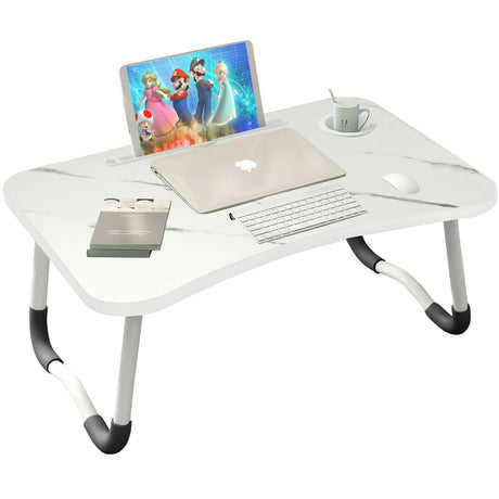 Modern foldable laptop table with a white marble-style surface and black-and-white legs.