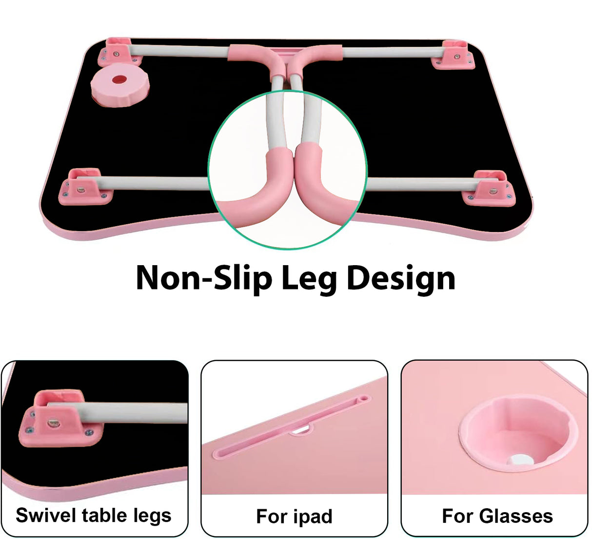 Laptop tray table with non-slip legs, swivel design, perfect for iPad and glasses.