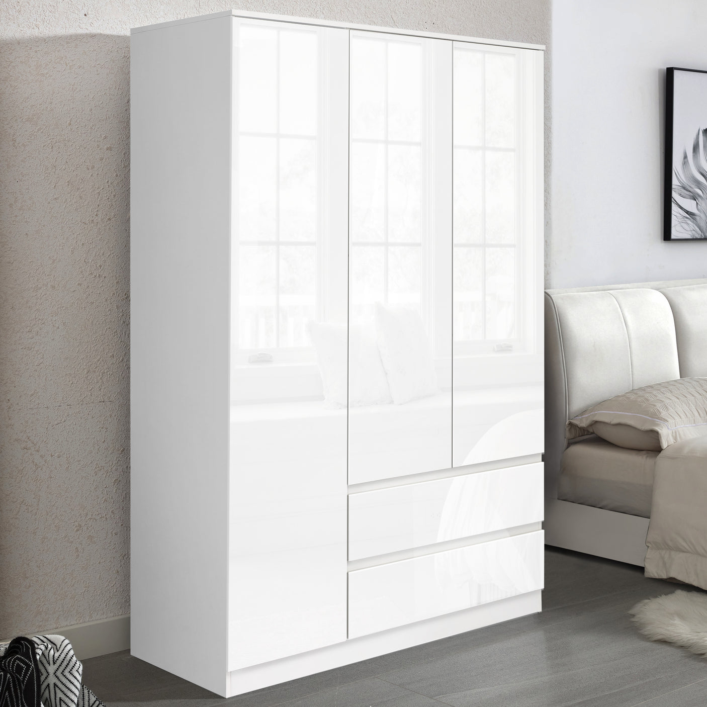 High Gloss 3 Door Wardrobe With Drawers And Shelves in white finish, featuring sleek handleless design and ample storage for modern bedrooms.
