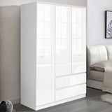 High Gloss 3 Door Wardrobe With Drawers And Shelves in white finish, featuring sleek handleless design and ample storage for modern bedrooms.