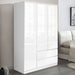 High Gloss 3 Door Wardrobe With Drawers And Shelves in white finish, featuring sleek handleless design and ample storage for modern bedrooms.
