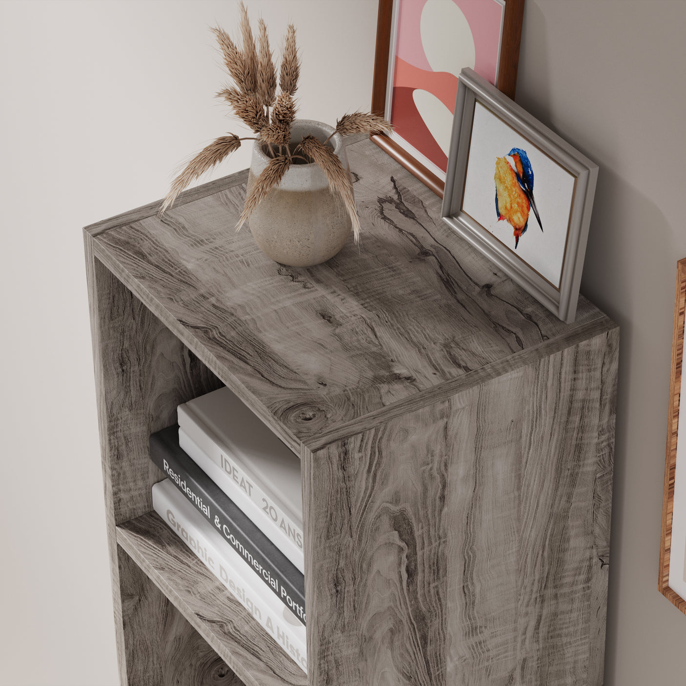 Top view of coach wood 4 Tier Bookcase Cube Storage Unit with decor. Natural wood grain adds warmth to any room.