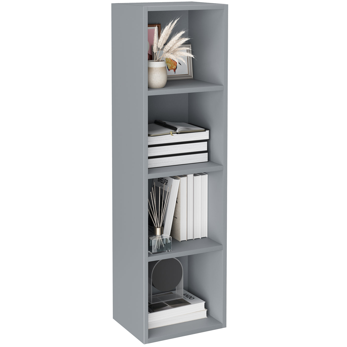 Angled view of grey 4 Tier Bookcase Cube Storage Unit with books and decor. Sleek and practical shelving unit.