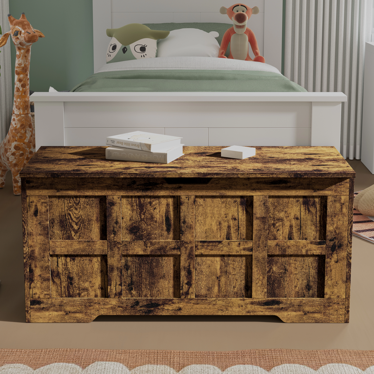 Wooden rustic chest in a child's bedroom with toys and books on top