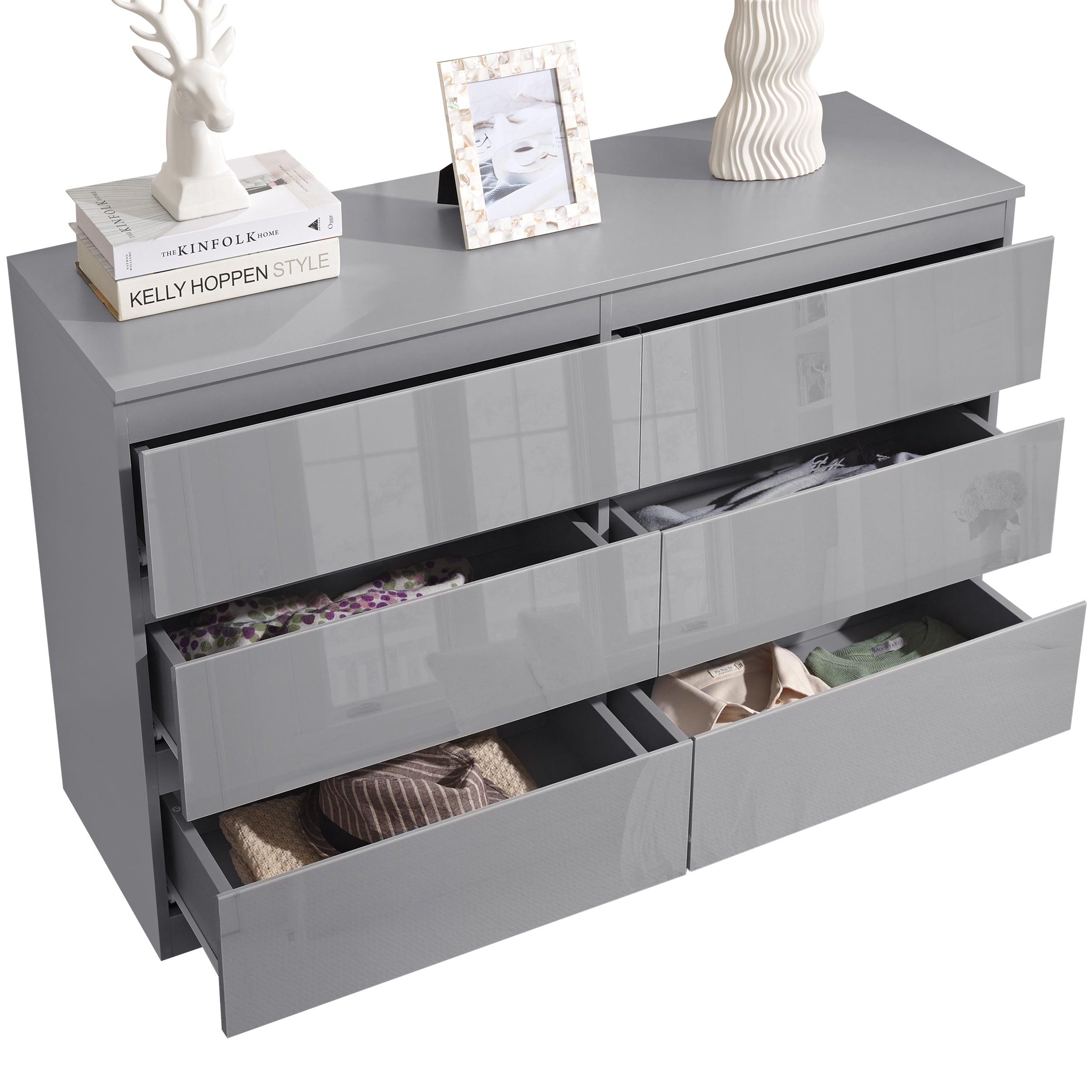 Large chest of drawers grey design, perfect for spacious storage and modern bedroom decor.