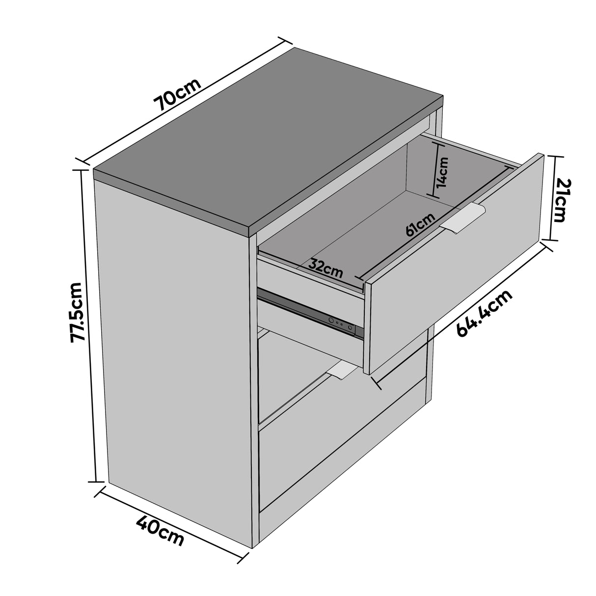 Dimension diagram of large chest of drawers, 77.5 cm high, 70 cm wide, and 40 cm deep, with labelled measurements 