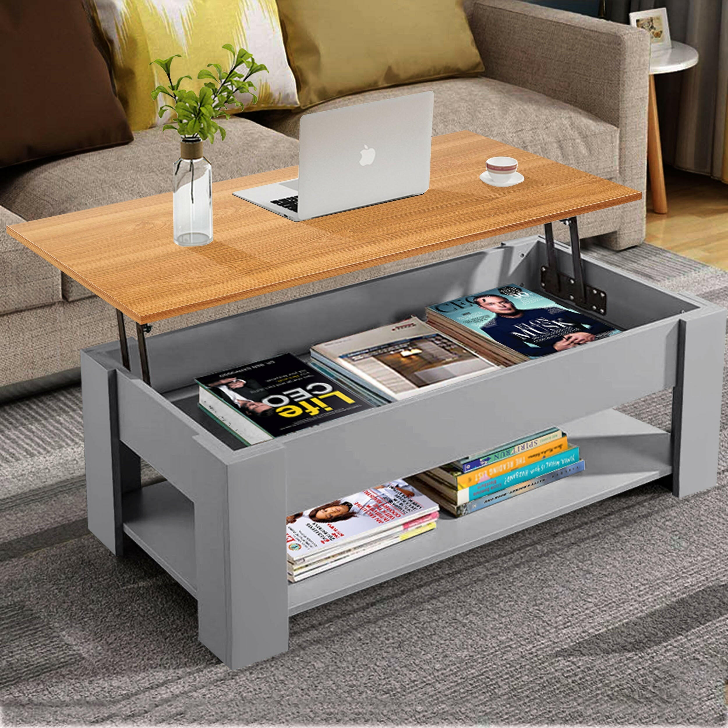 Grey lift-up coffee table with wooden top, storage for magazines and laptop