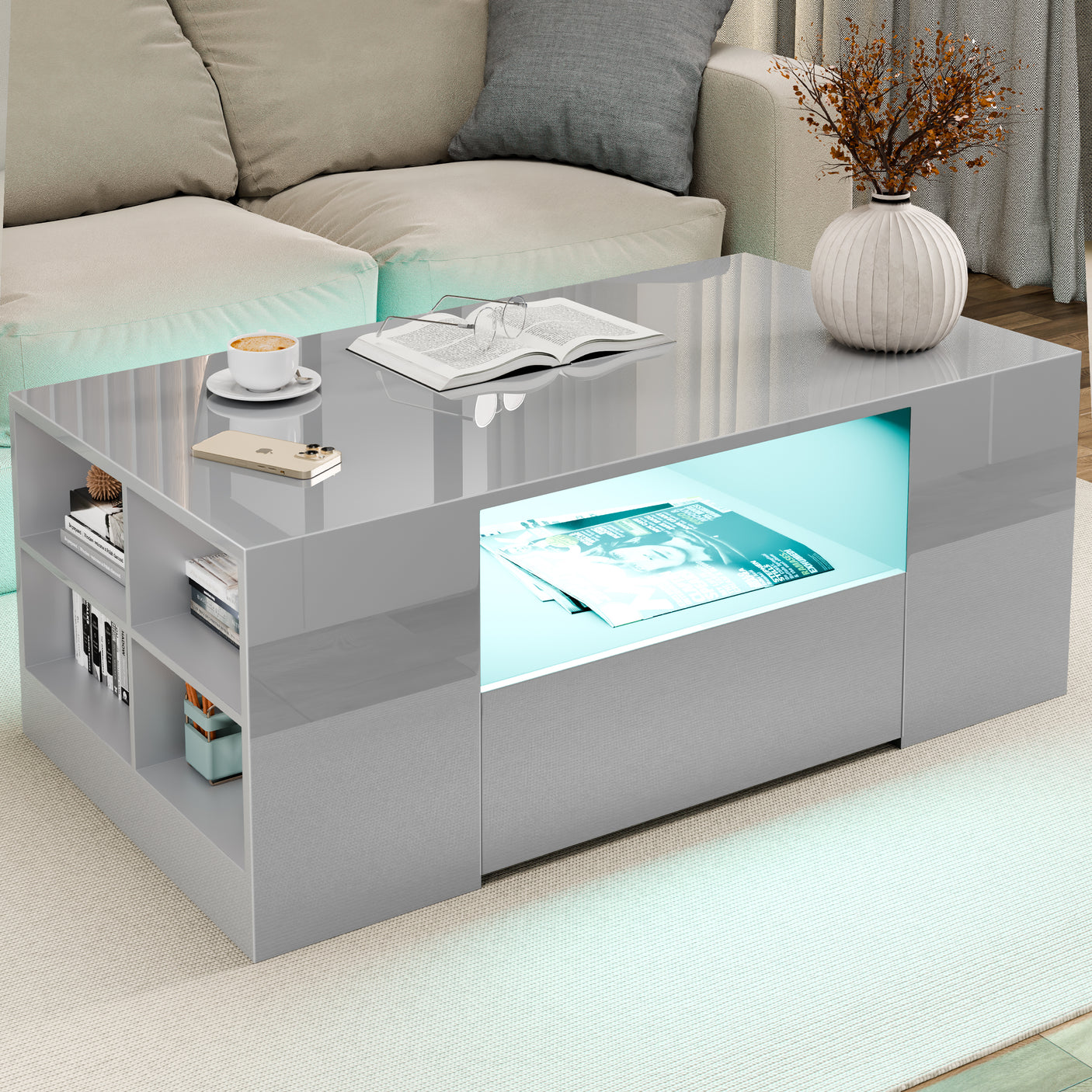 High Gloss Coffee Table With Storage & LED Lights