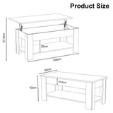 Lift top coffee table with storage, 100cm wide, shown with dimensions and lift-up mechanism for modern living rooms.