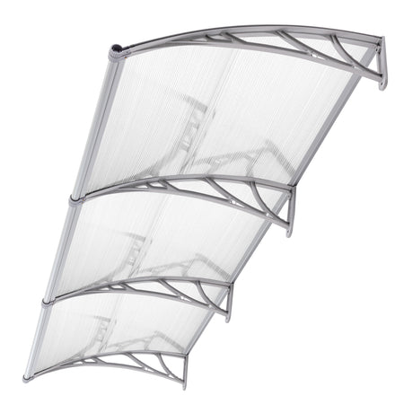 Large door canopy uk with transparent PC sheet and curved grey brackets for modern entryways.