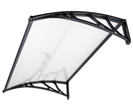 Large door canopy with a transparent polycarbonate sheet and sturdy black brackets.