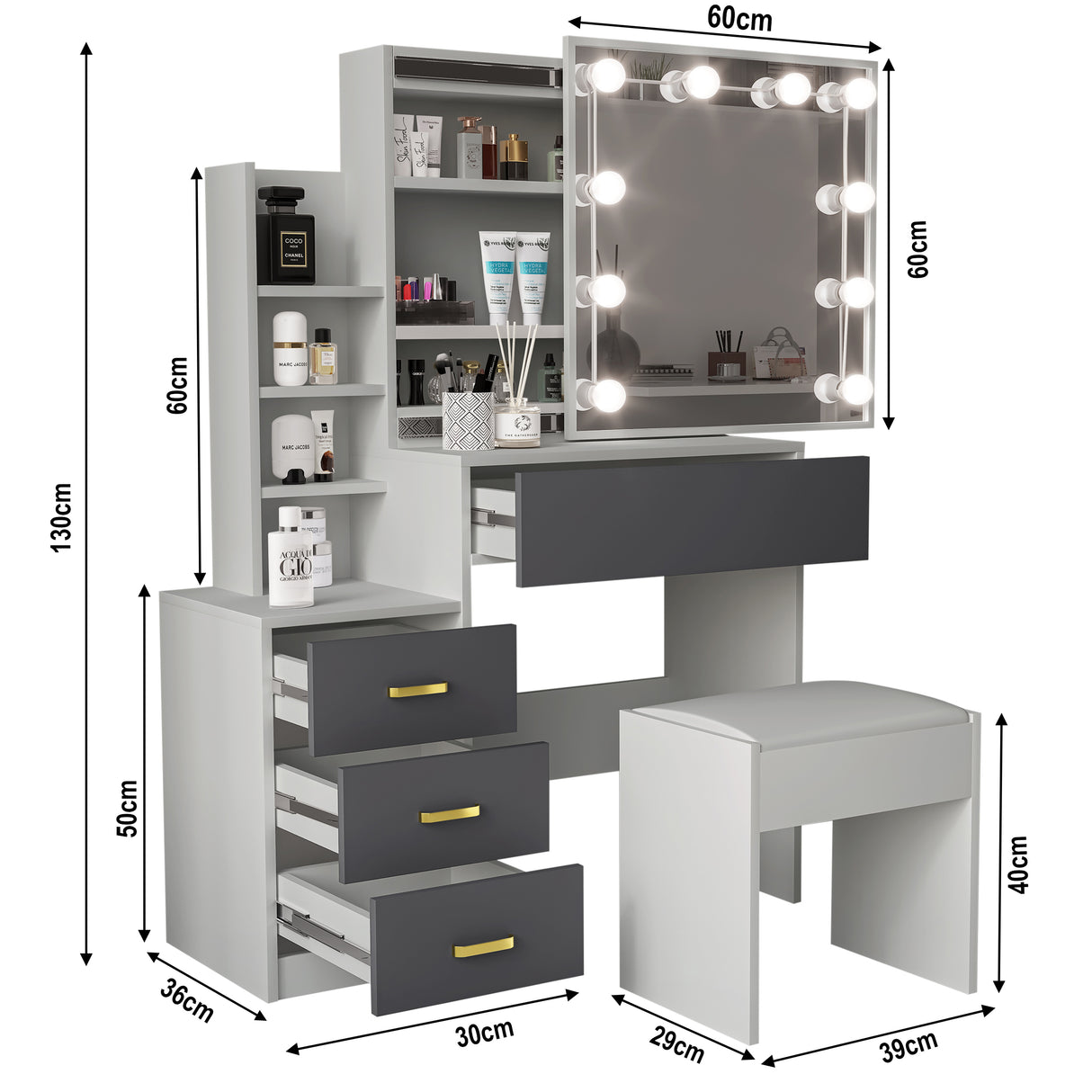 Large dressing table with mirror and lights, featuring spacious design and dimensions.