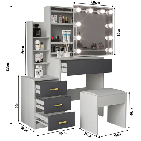 Large dressing table with mirror and lights, featuring spacious design and dimensions.