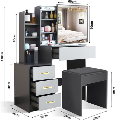 Large dressing table with mirror, featuring product dimensions for a perfect fit and elegant design.