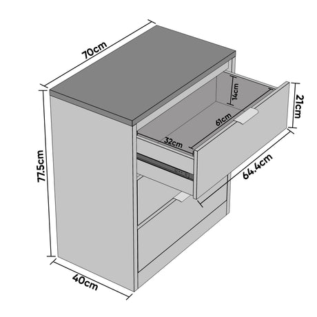 [Oak + Grey] Dimension diagram of large chest of drawers, 77.5 cm high, 70 cm wide, and 40 cm deep, with labelled measurements 