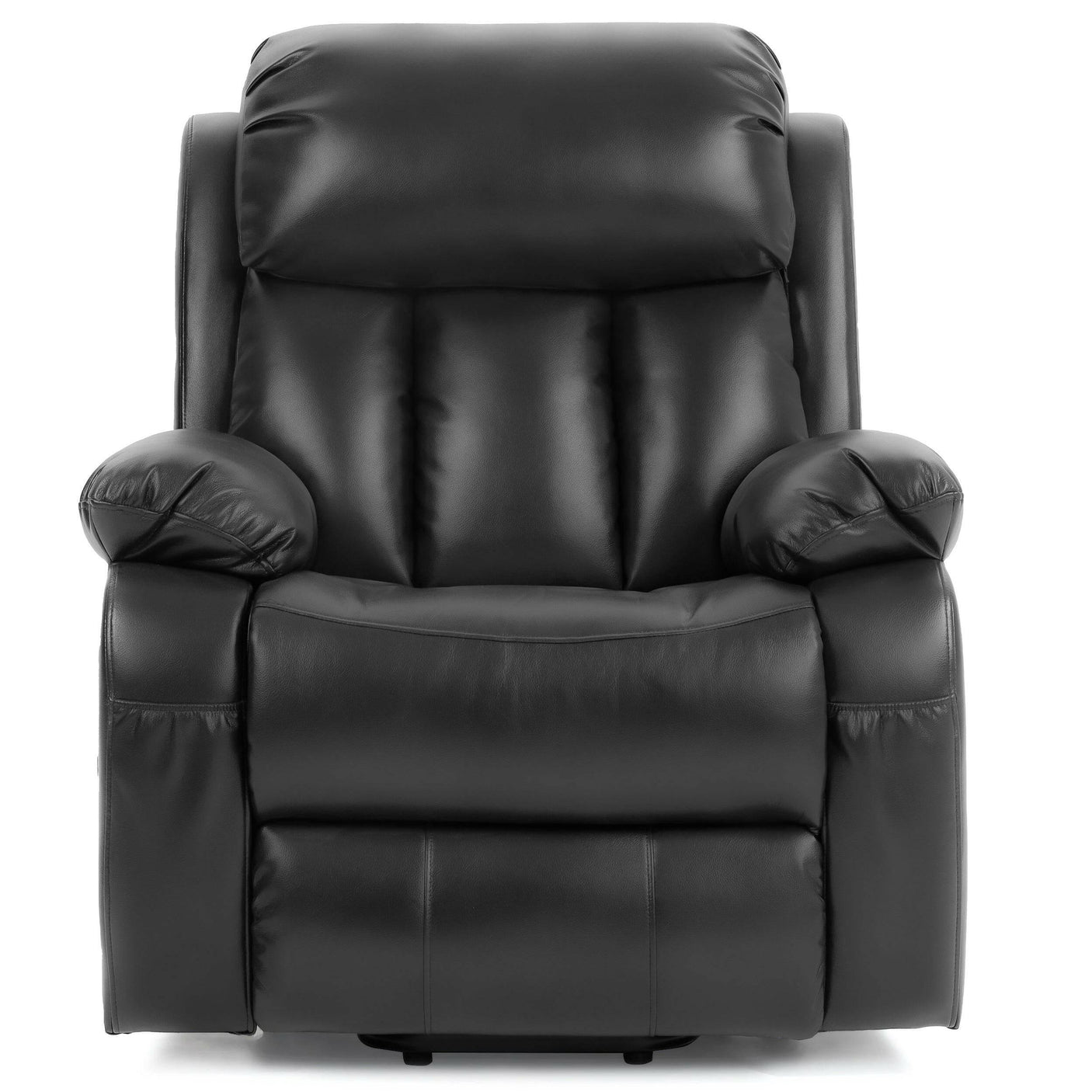 Front view of black electric riser recliner armchair with padded armrests and cushioned backrest, ideal for living room comfort.