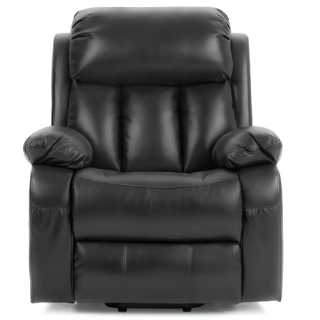 Front view of a black large riser recliner chair with padded armrests and smooth leather finish.