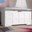 White Shaker style storage chest with lid and safety hinges, ideal for toy or blanket storage in kids' bedroom or playroom. Features cutout handle and paneled design.