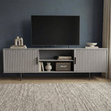 Modern grey TV unit with vertical fluted doors and open shelving, providing a sleek storage solution for contemporary homes