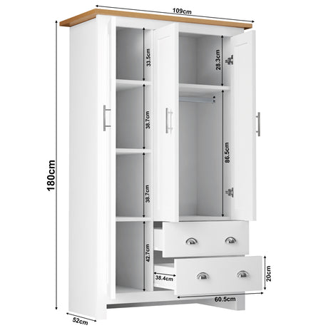 Large white wardrobe with dimensions 180cm x 52cm x 109cm, offering ample storage space.
