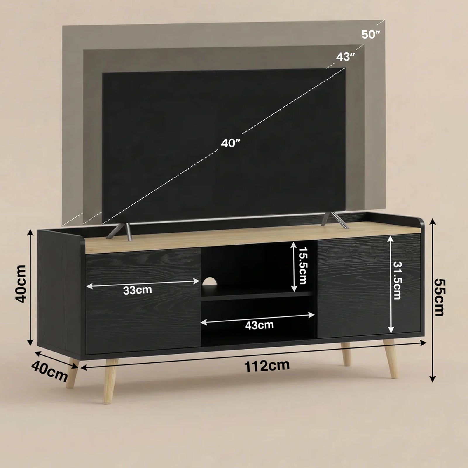 [Black | 112 cm] Larvik Black TV Unit Cabinet with Storage 112cm Oak Top graphic dimension diagram displaying full measurements and recommended screen compatibility guidelines up to 50 inches
