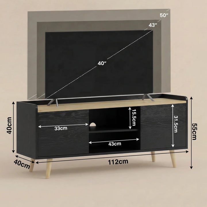 [Black | 112 cm] Larvik Black TV Unit Cabinet with Storage 112cm Oak Top graphic dimension diagram displaying full measurements and recommended screen compatibility guidelines up to 50 inches