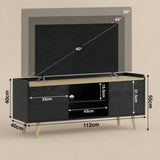 [Black | 112 cm] Larvik Black TV Unit Cabinet with Storage 112cm Oak Top graphic dimension diagram displaying full measurements and recommended screen compatibility guidelines up to 50 inches