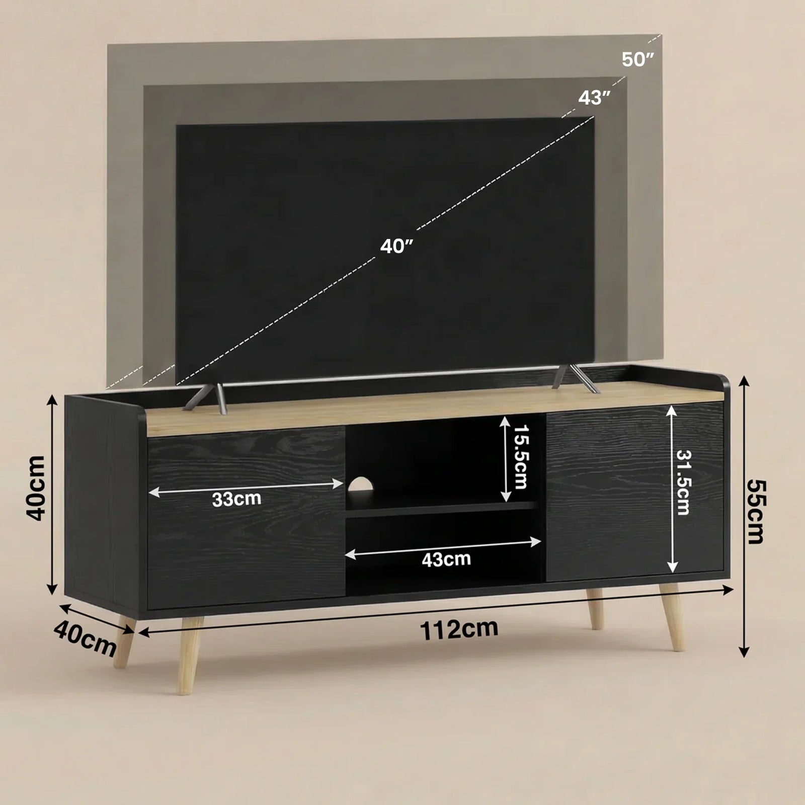 [Black | 112 cm] Larvik Black TV Unit Cabinet with Storage 112cm Oak Top graphic dimension diagram displaying full measurements and recommended screen compatibility guidelines up to 50 inches