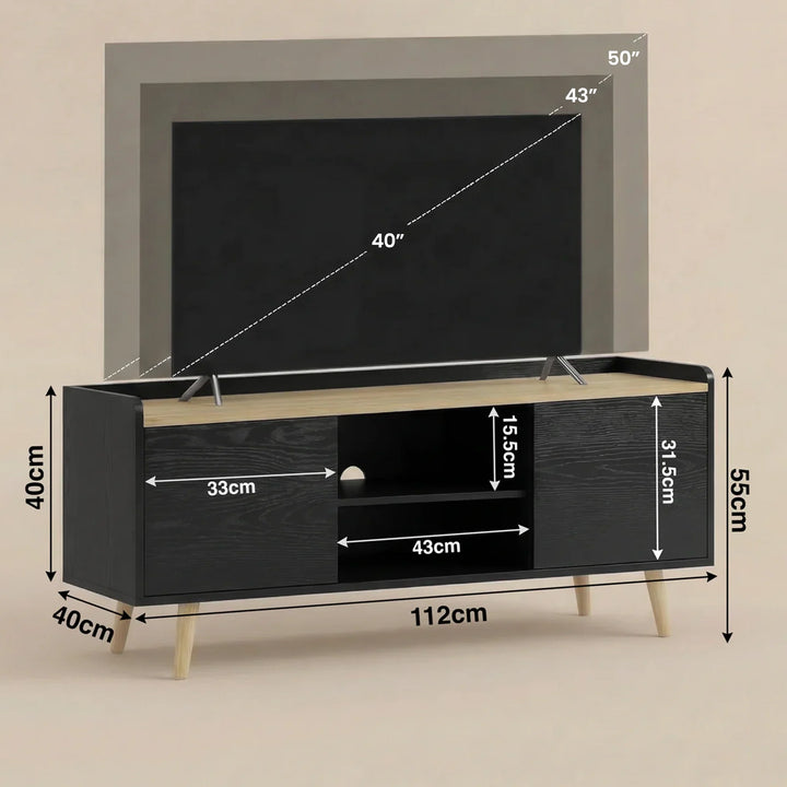 [Black | 112 cm] Larvik Black TV Unit Cabinet with Storage 112cm Oak Top graphic dimension diagram displaying full measurements and recommended screen compatibility guidelines up to 50 inches