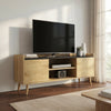 [Oak] Larvik TV Unit Cabinet with Storage for TVs up to 50" - Natural styled with a TV on top in a bright living room.