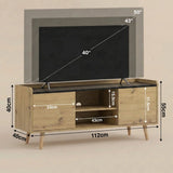 [Oak] Larvik Natural TV Stand Unit with Storage 112cm Black Top sizing diagram detailing the structural measurements and television screen size comparisons up to 50 inches