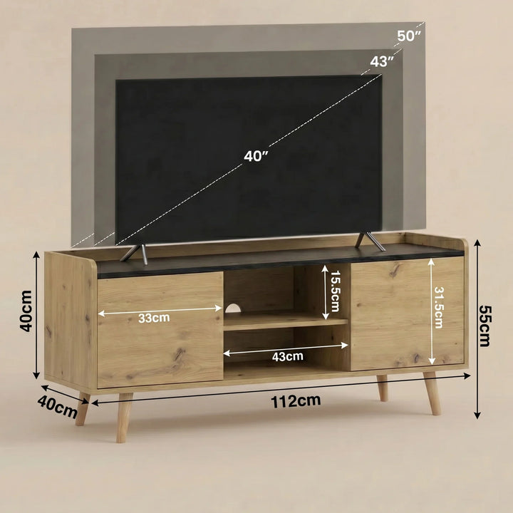 [Oak] Larvik Natural TV Stand Unit with Storage 112cm Black Top sizing diagram detailing the structural measurements and television screen size comparisons up to 50 inches