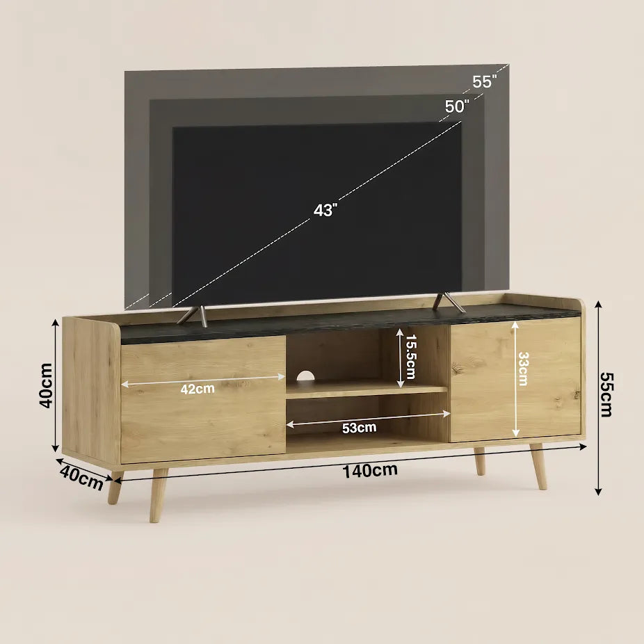 [Oak+Black] TV unit dimension diagram 140cm width, 40cm depth, 55cm height with 42cm cabinets and 53cm central shelf