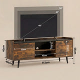 [Rustic | 112 cm] Larvik Rustic TV Unit with Storage 112cm Black Top dimension diagram outlining structural measurements and spatial compatibility for forty, forty-three, and fifty-inch televisions