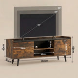 [Rustic | 112 cm] Larvik Rustic TV Unit with Storage 112cm Black Top dimension diagram outlining structural measurements and spatial compatibility for forty, forty-three, and fifty-inch televisions