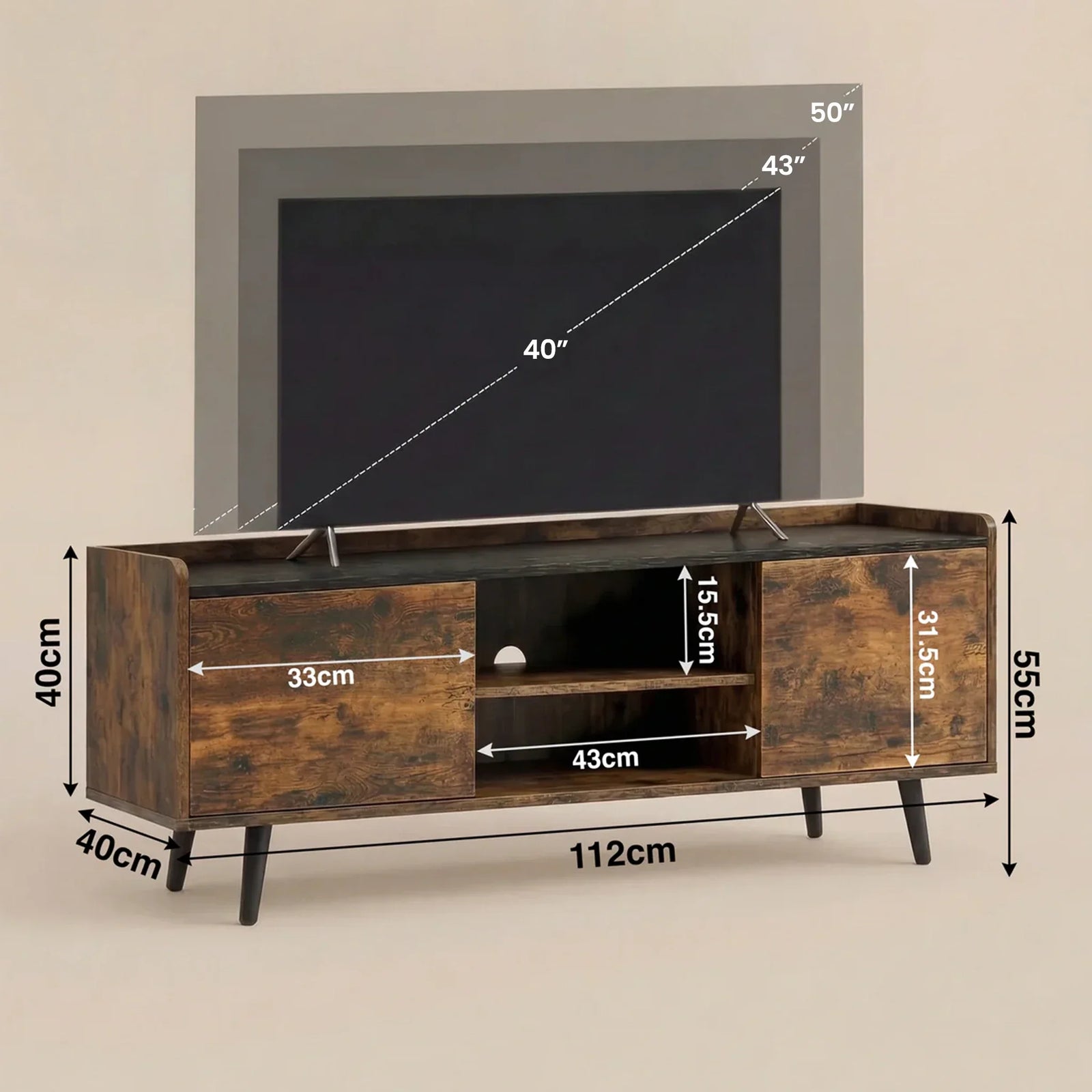 [Rustic | 112 cm] Larvik Rustic TV Unit with Storage 112cm Black Top dimension diagram outlining structural measurements and spatial compatibility for forty, forty-three, and fifty-inch televisions