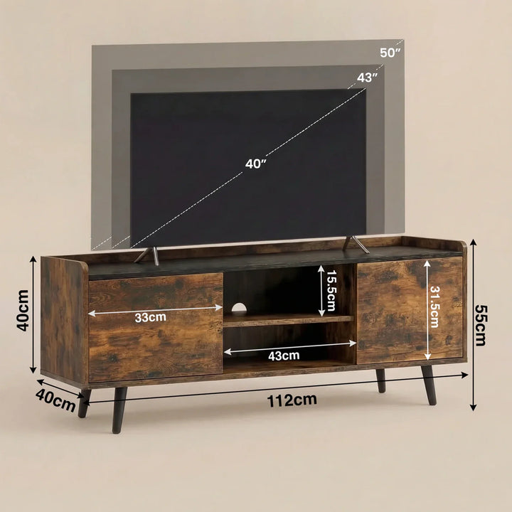 [Rustic | 112 cm] Larvik Rustic TV Unit with Storage 112cm Black Top dimension diagram outlining structural measurements and spatial compatibility for forty, forty-three, and fifty-inch televisions