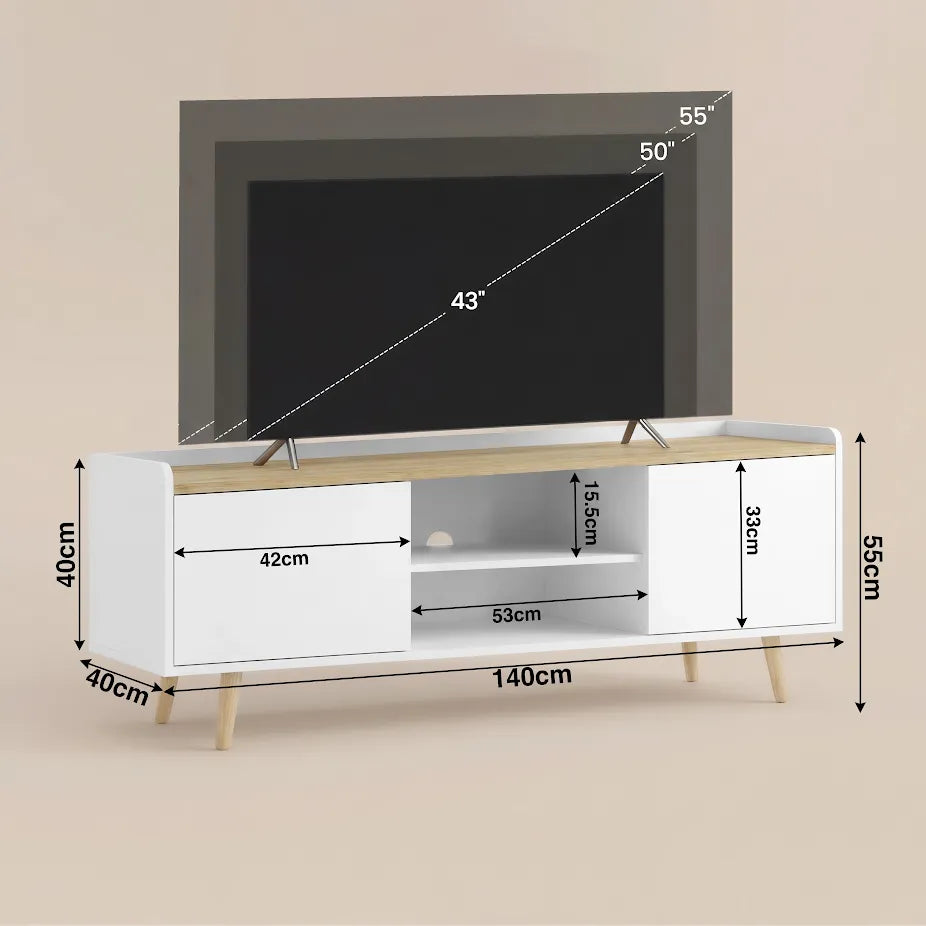 [White] Dimension diagram of white Larvik TV unit, 140x40x55cm cabinet with 15.5cm centre opening and 33cm cabinets