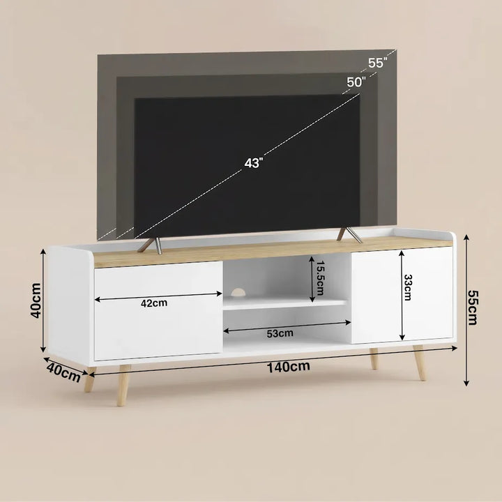 [White] Dimension diagram of white Larvik TV unit, 140x40x55cm cabinet with 15.5cm centre opening and 33cm cabinets