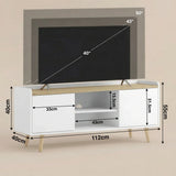 [White | 112 cm]  Larvik White TV Unit with Storage 112cm Oak Top dimension guide diagram showing structural measurements alongside sizing overlays for 40-inch, 43-inch, and 50-inch televisions