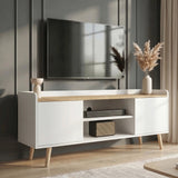 [White | 112 cm] Larvik White TV Unit with Storage 112cm Oak Top positioned against a dark grey panelled wall under a television, adorned with a vase of pampas grass and audio equipment