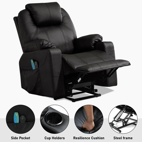 Leather electric recliner chair with side pocket, cup holders, steel frame, and resilient cushion.