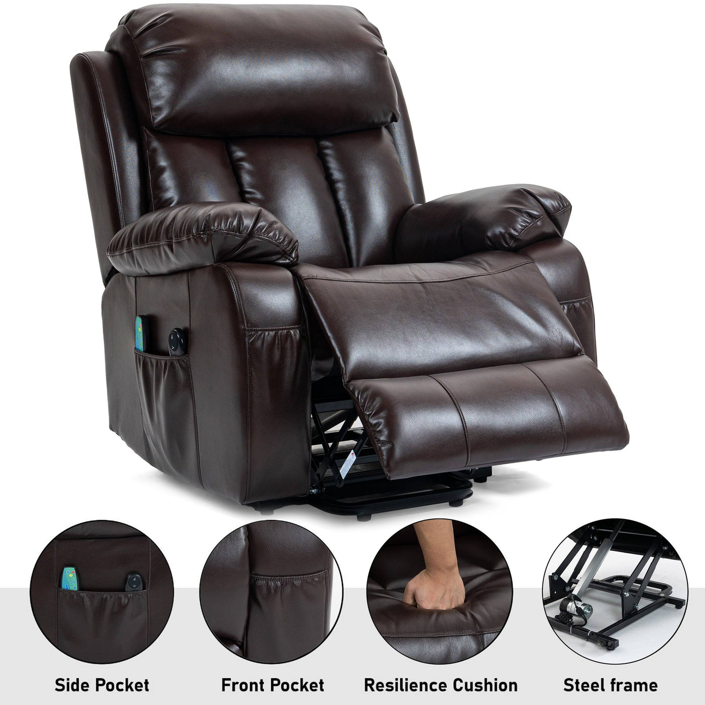 Brown electric massage recliner chair with side pockets, front storage, and cushioned seat, built on a sturdy steel frame for long-term use.